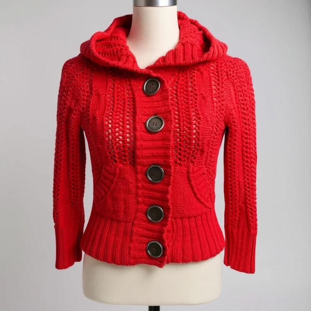 Free People‎ Red Knit Button Front Hooded Cardigan Sweater XS